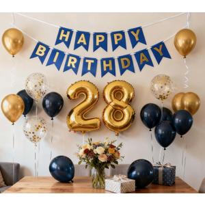 28th Birthday Decoration for Men, Navy Blue Gold 28th Party Balloons Supplies, 28th Happy Birthday Banner Number 28 Foil Metallic Confetti Balloons for Men Him Women Her 28th Birthday Party(28th)