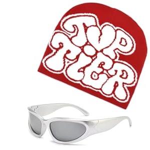 Atvscay Women Beanie Hat with Fashion Technology Feeling Y2k Glasses Beanie Hip Hop Knitted Letter Jacquard Hat Elastic Skull Cap (T Red White)