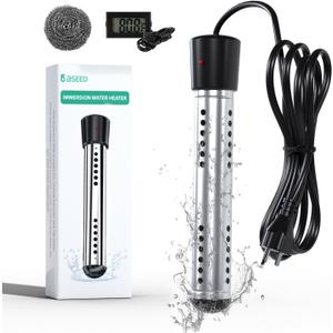 BSEED Immersion Water Heater Electric, 2000W Fast Heating Portable Water Heater with 304 Stainless Steel Guard & Digital LCD Thermometer, Heats 5 Gallons in Minutes for Camping, Bath & Small Pool (Black)