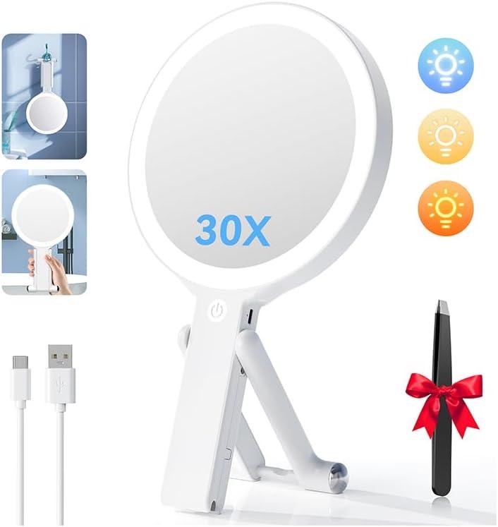Auxmir Travel Makeup Mirror with Lights, Double Sided 30X/1X Lighted Magnifying Mirror, Portable Handheld Mirror with 3 Color Lighting & Adjustable Brightness, 3 in 1 Tabletop/Handheld/Hanging