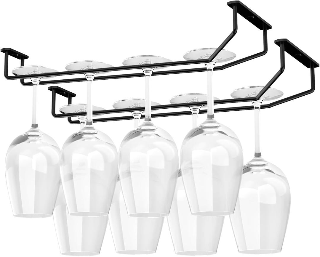 14-Inch Wine Glass Holder - Under Cabinet Metal Stemware Rack for Kitchen Bar - Single Rail Hanging Storage Hanger, Set of 2 (Black)