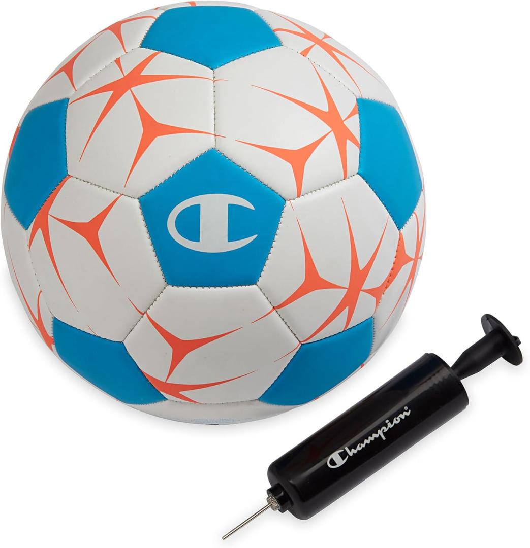 Champion Youth & Adult Soccer Ball - Paneled Design, Enhanced Control, Durable Cover & Butyl Bladder, for Indoor & Outdoor Training, Sizes 3, 4, 5, Includes 6" Pump (White/Fierce Tide/ Very Coral)