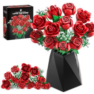 Red Rose Bouquet Building Set, 960PCS Roses Flowers Artificial Flowers Botanical Collection Blocks Kit for Adults Women Gift for Valentines & Mother's Day Home Decor Flower Decorations