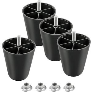M10-1.5 Metric Thread Bolts Plastic Furniture Legs 4 Inch Black Round Tapered Sofa Feet with T-Nuts - Couch Feet Replacement - Couch Legs Set of 4