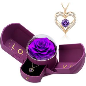 Preserved Purple Rose with Heart Necklace, Eternal Real Rose Flowers, Romantic Rose Gifts for Women, Mom, Wife, Grandma, Girlfriend, Birthday, Anniversary, Mothers Day(Purple)