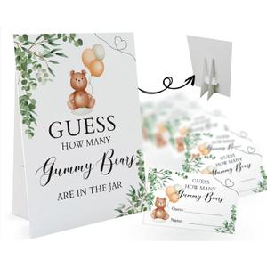 How Many Gummy Bears Are in the Jar - 1 Standing Sign and 50 Guessing Cards, Greenery Baby Shower Game for Boys Girls, Birthday Party Supplies and Decorations-01