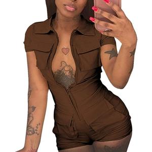 Women Sexy Zip up Jumpsuits Lapel Neck Short Sleeve Bodycon Shorts Romper with Pockets (XX-Large, Brown)