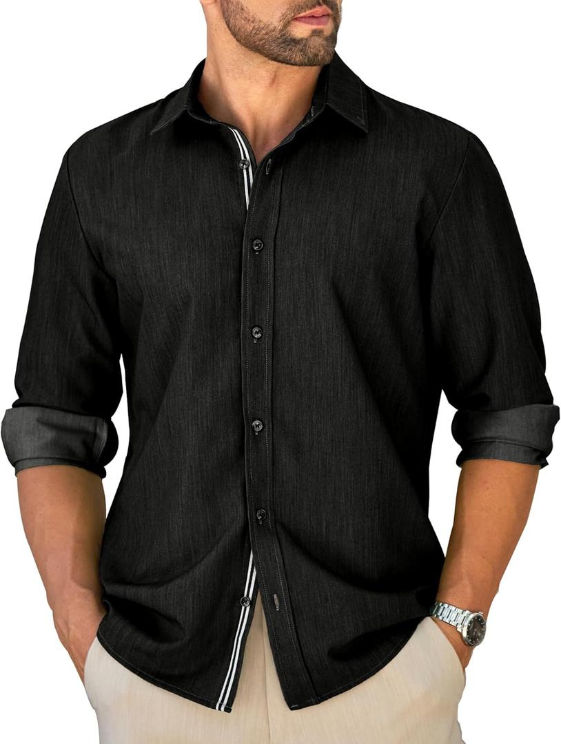 MAPICK Mens Casual Button Down Denim Shirts Long Sleeve Untucked Stretch Wrinkle-Free Dress Shirt (XX-Large, Black)