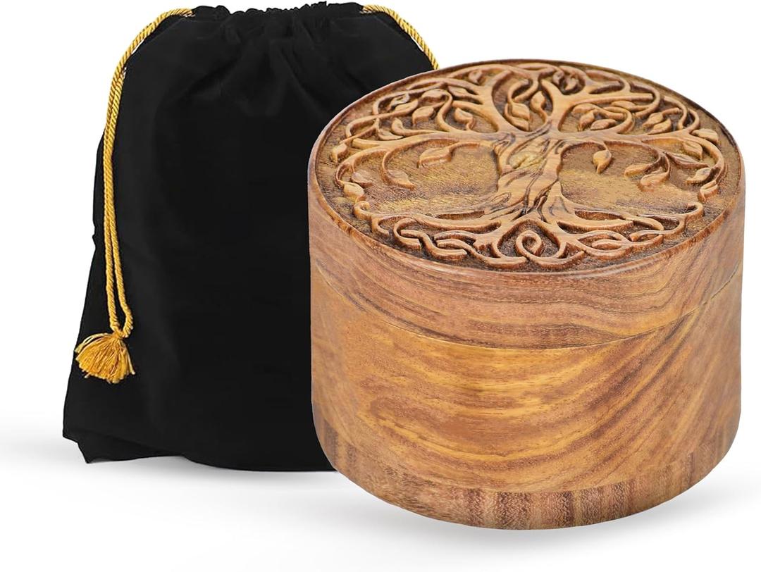 Small Wooden Urn for Human & Pet Ashes Handcrafted Tree of Life Mini Memorial Keepsake Decorative Round Cremation Urn for Dogs, Cats & Loved Ones