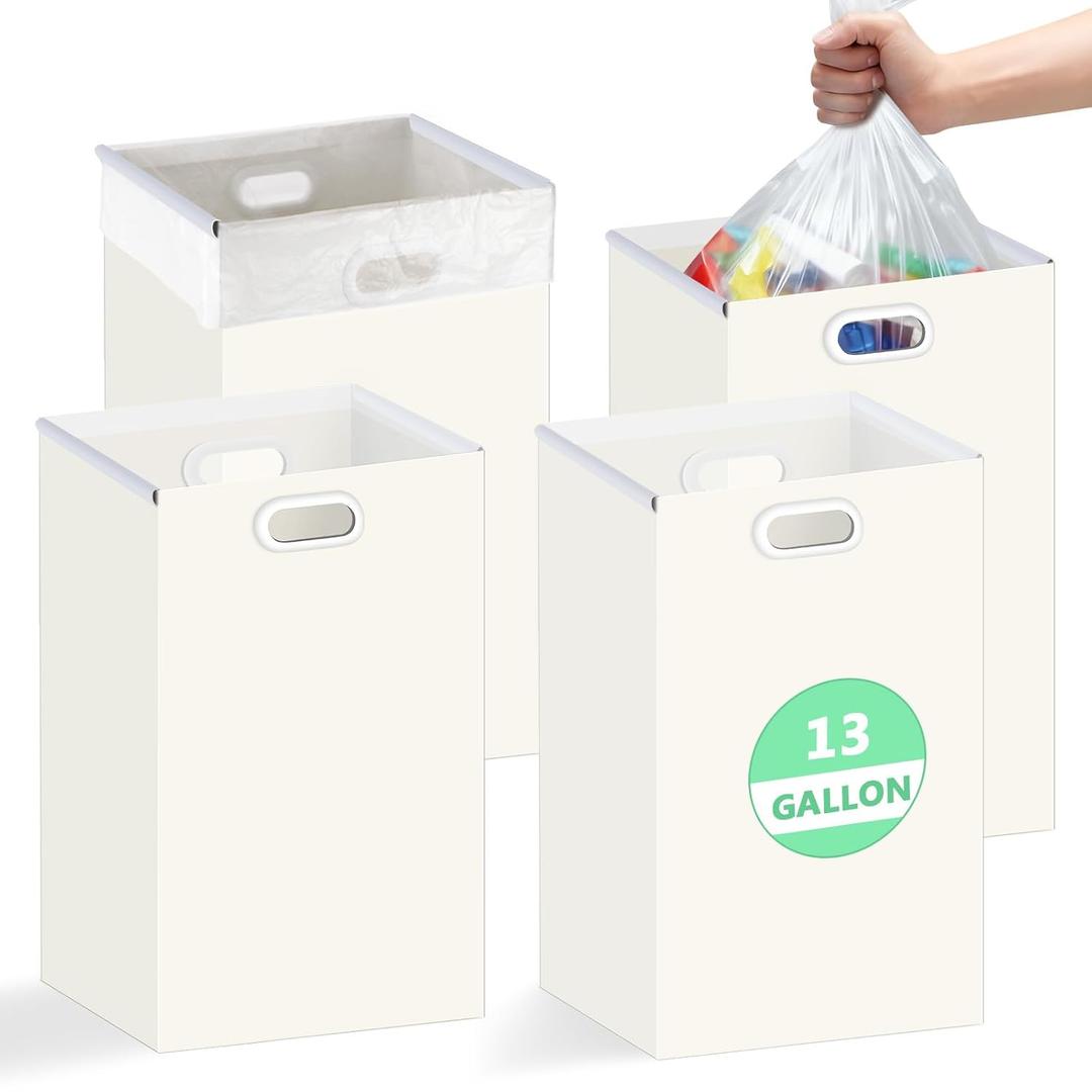 SARDVISA 13 Gallon Disposable Trash Cans with Handles, Extra Large Portable Collapsible Garbage Cans with Waterproof, Recycled Reusable Recycling Bins for Party Events Camping, White, 4 Packs