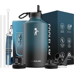 Coolflask 128 oz Gallon Water Bottle Insulated with Straw&3 Lids, Water Jug Large Stainless Steel Metal Vacuum Wide Mouth for Sports, Gym or Office, Non-BPA Keep Cold 48H Hot 24H, Samurai Cyan