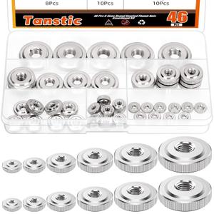 Tanstic 46Pcs Round Knurled Thumb Nuts Conector Lock Adjusting Nuts M3 M4 M5 M6 M8 M10 Female Threaded Thin Type with Nickel Plated