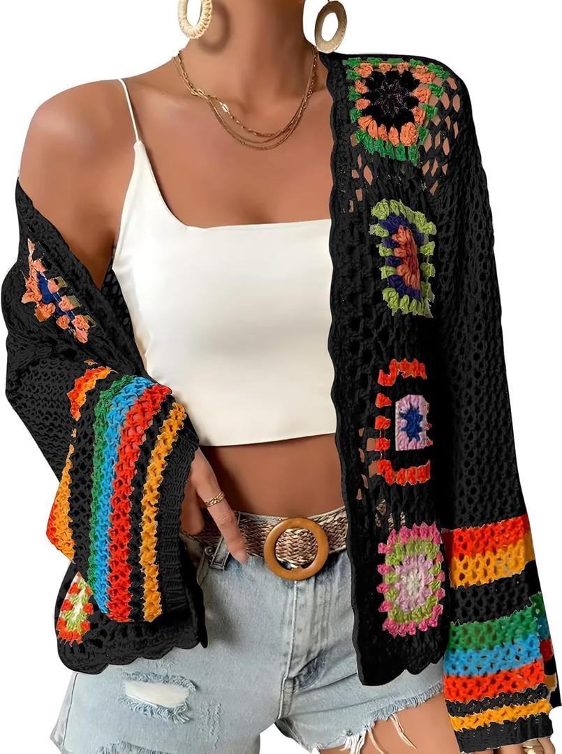 Women's Floral Crochet Cardigan Boho Hollow Out Sweater Cardigan (L)