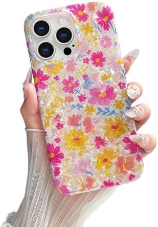 Yeddabox for iPhone 15 Pro Max Case Floral, Cute Shell Pattern Flower Cover Soft TPU Slim Shockproof Phone Case for Women Girls, Pink Yellow