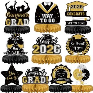 10Pcs Graduation Decorations 2026 Class of 2026 Congrats Grad Table Honeycomb Centerpieces Graduation Party Supplies for kindergarten K-12th College Any Grade Black