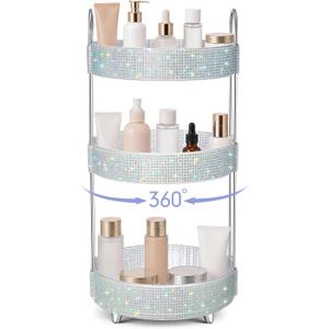 Honeydak 360 Rotating Perfume Organizer for Mother Day Nurse Day Rhinestone Bathroom Counter Organizer Makeup Holder Skincare and Perfume Storage for Cosmetic Countertop(3 Tiers,Resin Stone,Silver)
