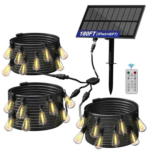 Stright Solar Powered String Light 180FT with Remote Control 8 Light Modes, Weatherproof Shatterproof ST38 LED Bulb, Total 45 Sockets, 1 to 3 Splitter cord String Lights (End to End 60FT, Total 180FT)