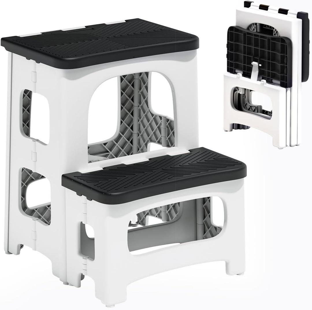 2 Step Stool Foldable, Non-Slip Steps, Folding Step Stool for Adults & Kids, Plastic Stool Pool Ladder, Collapsible Stools 2 Step Ladder for Kitchen Toilet Bedroom Office RV, Holds 330 lbs (White)