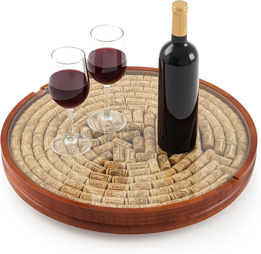 Wine Cork Holder Decorative Christmas Wine Lover Creative Gift Wooden Lazy Susan for Countertop with Glass Protective Cover Can Store 130 Corks Stoppers Display Kitchen Bar Table Centerpieces