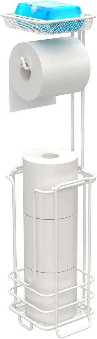 ZCCZ - Free Standing Toilet Paper Holder with Shelf - Bathroom Tissue Organizer - Modern Toilet Paper Stand for Bathroom Storage (White) (Advanced with shelf)