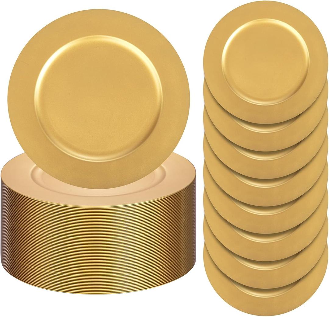 ejonirinjonir 13 Inch Gold Charger Plates,50pcs Charger Plates Bulk,Chargers for Dinner Plate,Plastic Chargers Plate for Wedding,Party
