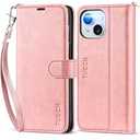 TUCCH Wallet Case for iPhone 15 6.1" 5G, [Wrist Strap] Kickstand RFID Blocking 4 Card Slots Magnetic Closure, PU Leather Shockproof TPU Shell Compatible with iPhone 15 2023, Pink with Wristlet