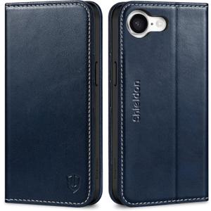 SHIELDON Wallet Case for iPhone 16e 2025, Genuine Leather Foldable Magnetic Cover Kickstand RFID Blocking Credit Card Holder Shockproof Phone Case Compatible with iPhone 16e 6.1" - Retro Dark Blue