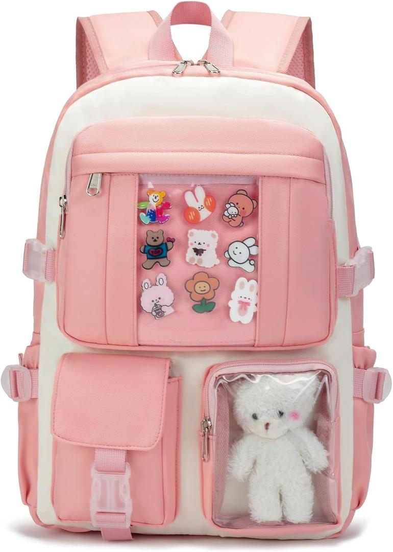 PRLINJSK Kawaii Backpack for Teen Girls, Cute Aesthetic High Middle School College Bookbag with Accessories Pink Beige (Medium)