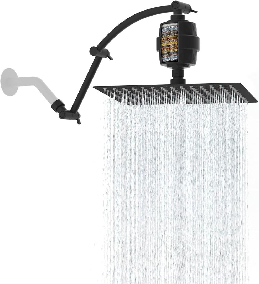Hibbent All Metal Rain Filtered Shower Head, 12'' High Pressure Rainfall Showerhead with 16" Shower Extension Arm, 20 Stage Shower Filter, Solid Brass Adjustable Shower Arm Extender, Matte Black