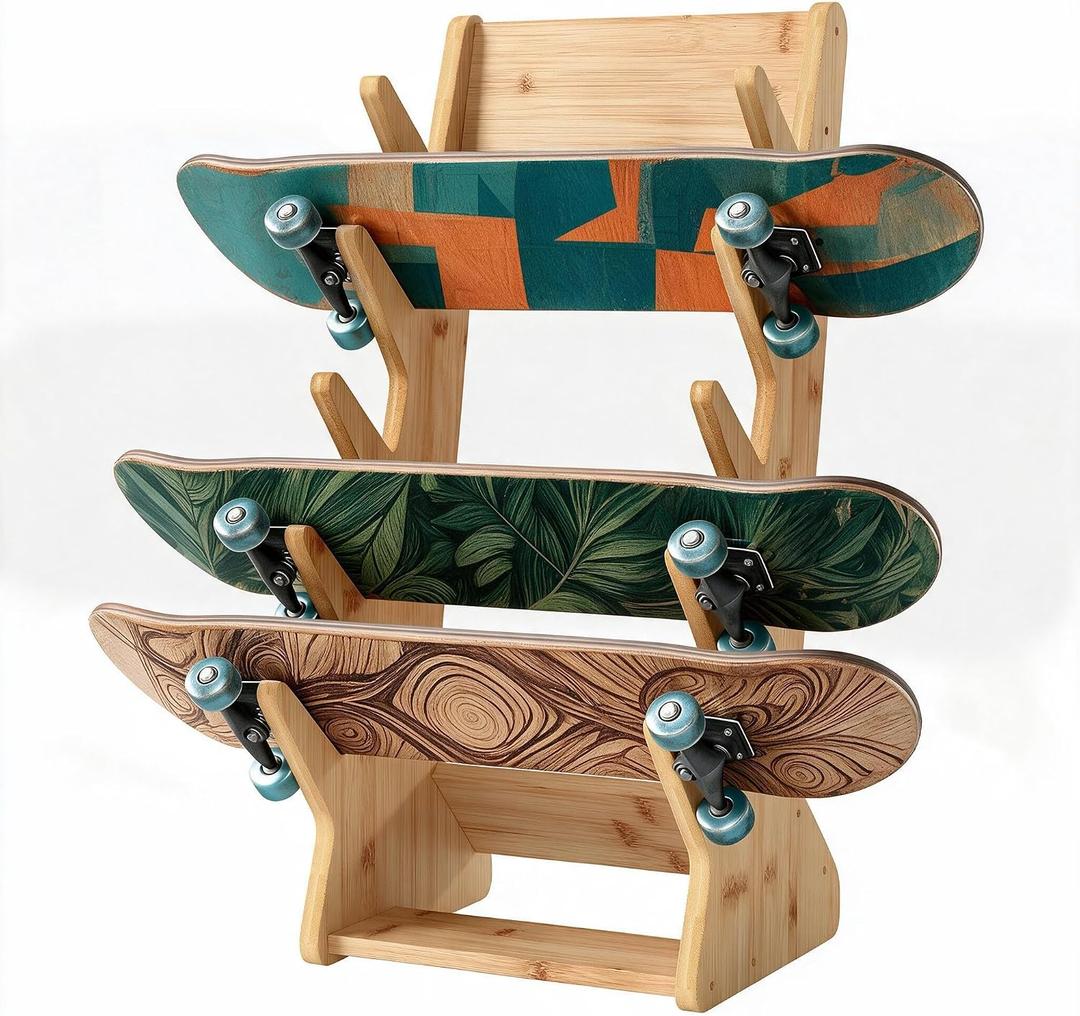 5-Tier Skateboard Rack Floor Stand Bamboo Wood Skateboard Holder, 13.58"D x 13.15"W x 29.13“H