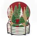 Nicegod Christmas Tree Drink Coasters Set of 6, Round Absorbent Ceramic Coaster, with Metal Holder and Cork Base, Pine Tree Xmas Red Coasters for Coffee Table Housewarming New Year's Gifts