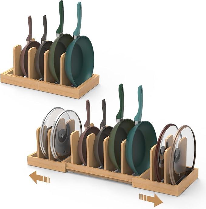 FoverOne Expandable Pot Lid Organizer, Bamboo Pot and Pan Organizer for Under Cabinet, 16" to 28" Adjustable Length and 10 Dividers