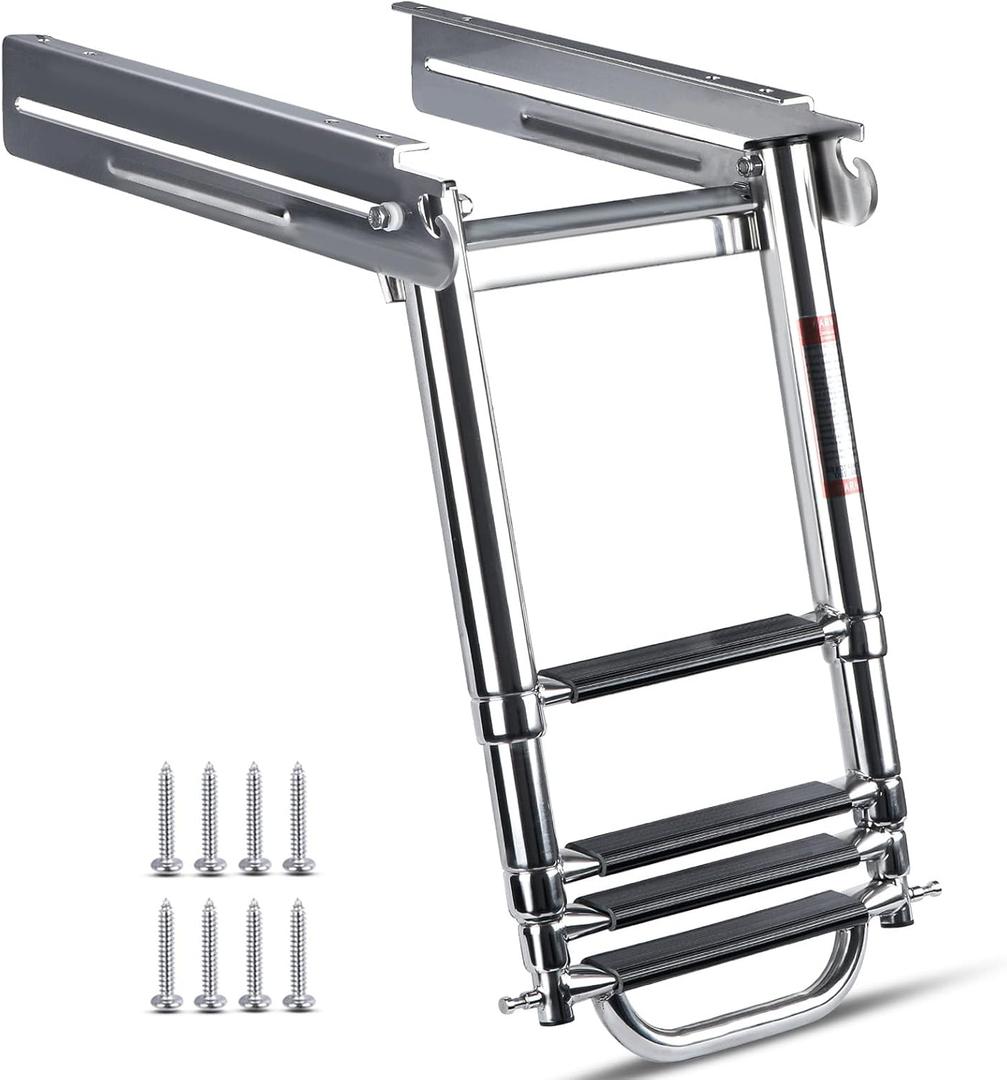 3-4 Step Boat Ladder Under Platform Slide Mount Boat Boarding Ladder, Telescoping Ladder with a Carry Handle and Mounting Screws, Press-Type Spring Latch (4 Steps)