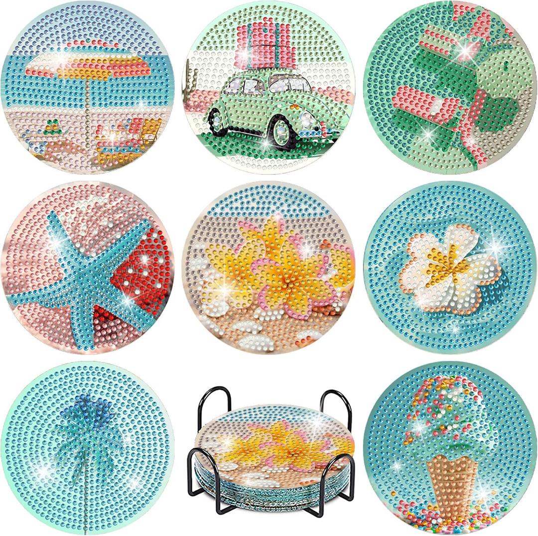 2 x Green Summer Beach Diamond Art Coasters Kit with Holder,8pcs Diamond Painting Coaster,Gem Art Coasters Kit for Home Wall Decor 3.9x3.9inch