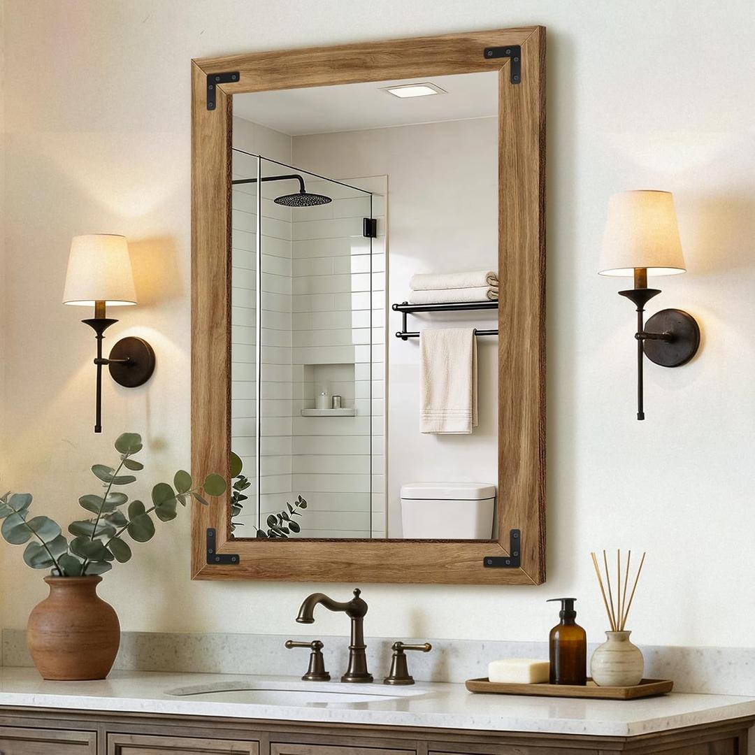 Wood Bathroom Mirror for Wall, 26"x38" Rustic Farmhouse Wood Framed Mirror for Bathroom Sink, Entryway, Living Room, Bedroom
