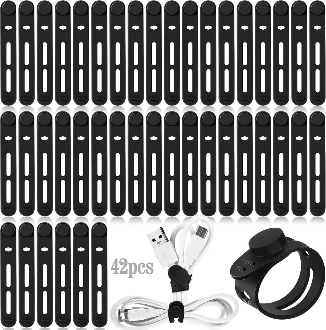42 Pcs Silicone Cable Ties Reusable Cord Organizer Adjustable Data Cable Wraps for Earphone Phone Charger Computer Cord Management Straps Travel Essentials(Black,3.15 Inch)