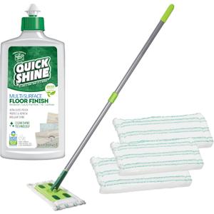 Quick Shine Multi Surface Floor Clean + Polish Mop Kit w/ 3 Reusable Pads & 1-16 oz. Floor Finish | Use Wet + Dry | Hardwood, Luxury Vinyl Plank, Laminate | Safer Choice pH Neutral Formula