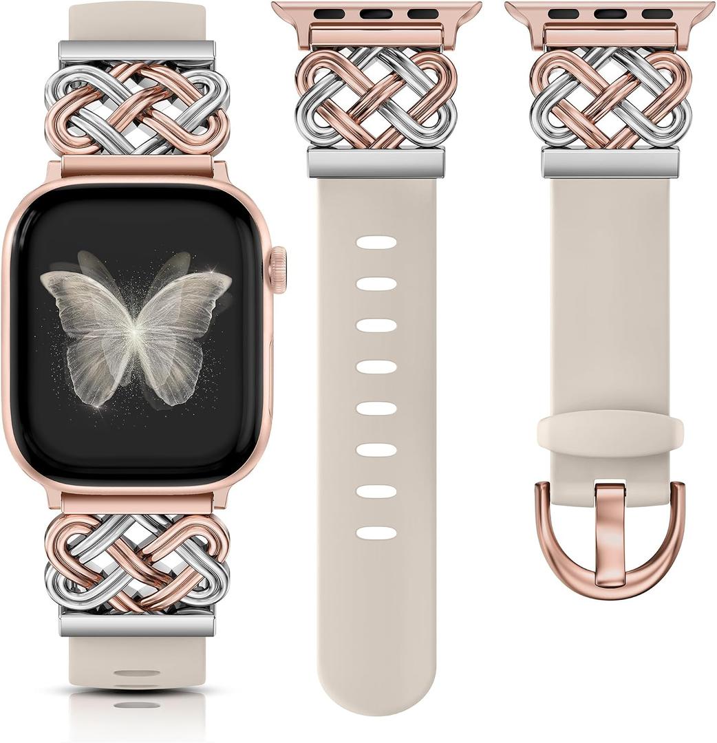 Minyee Celtic Knot Silicone Band Compatible with Apple Watch Band Women 42/38/40/41mm, Soft Silicone Two Tone Cute Fancy Sport Wristband for iWatch Series 11 10 9 8 7 6 5 4 Ultra/SE 3 2 1, Starlight