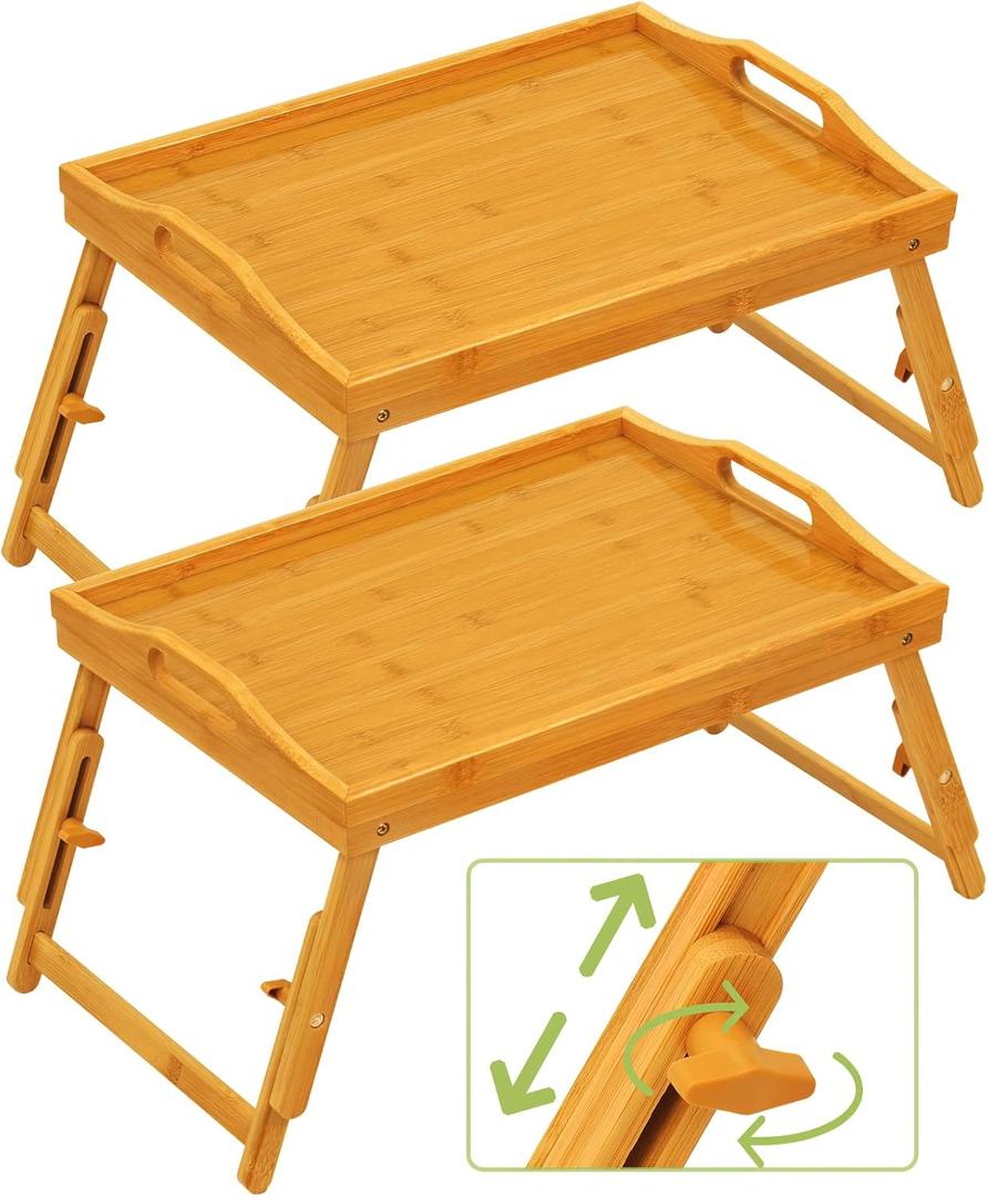 2 Pack Breakfast Bed Tray for Eating - Raised Food Table Up to 9.5" on Lap Sofa - Adjustable Bamboo Serving Tray - Portable Snack Platter with Folding Legs Ideal for Bedroom Picnic