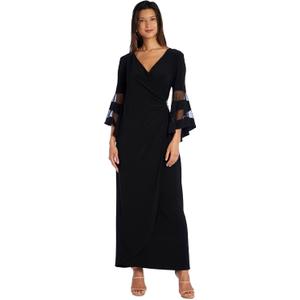 Elegant Long Wrap Dress W/Sheer Angel Sleeves & Side Ruched Waist - Slip On Evening Maxi Gown
