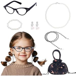 6Pcs Old Lady Grandma Costume Kit - Granny Glasses, Eyeglasses Chain, Handbag, Necklace, Bracelet, Ear Clips