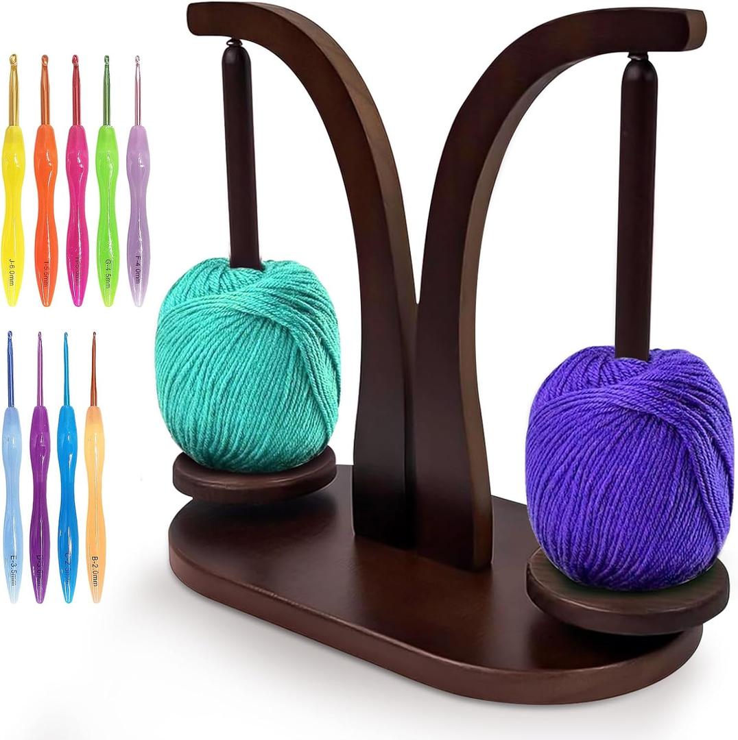 IFHFBI Magnetic Yarn Holder for Crocheting & Knitting,Wooden Yarn Spinner with 360 Rotation & Anti-Slip Pads,Dual Spool Ball Holder with 9 Hooks,Portable Crochet Accessories for Crochet Lovers (BLACK)