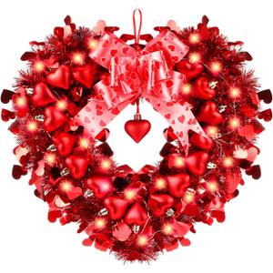 14'' Valentines Day Heart Wreath for Front Door with Bow and String Lights Red Wire Heart Shaped Wreath Perfect for Front Door, Wall, Window, Valentines Day Door Decor, Wedding Party Romantic Decor