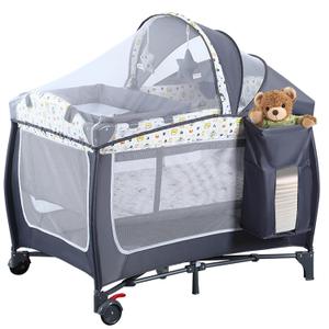 4 in 1 Pack and Play,Foldable Baby Playard with Changing Table,Travel Crib for Infants & Toddlers,Portable Playpen with Breathable Mesh,Wheels & Storage Bag,Grey