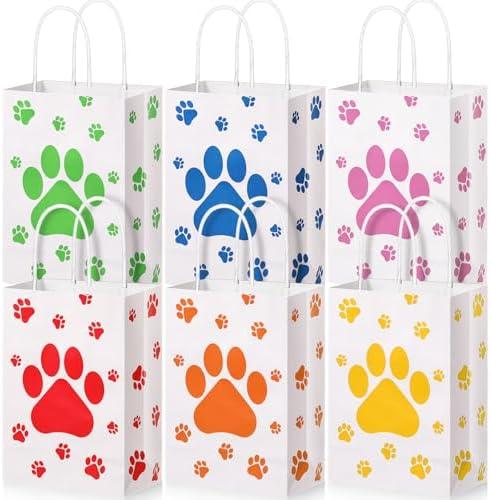 Resurhang 24 Pcs Paw Print Gift Bags with Handle Paper Treat Goodie Dog Gift Bags Dog Birthday Party Favors for Girl Boy Baby Shower, 8.2 x 6 x 3 Inches (Red, Orange, Yellow, Green, Blue, Pink)