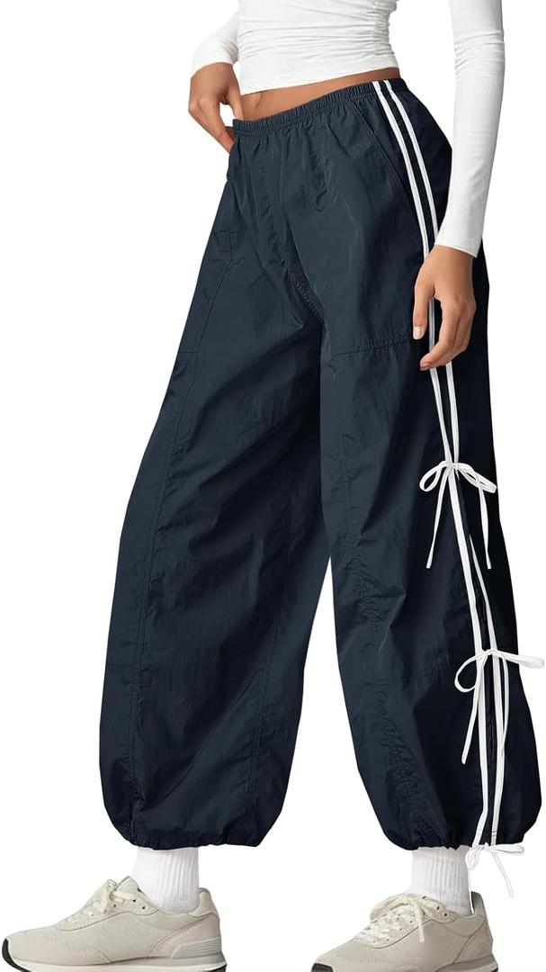 Fisoew Womens Wide Leg Track Pants Casual Elastic Waist Bow Tie Y2K Baggy Sweatpants with Pockets Navy (Blue)
