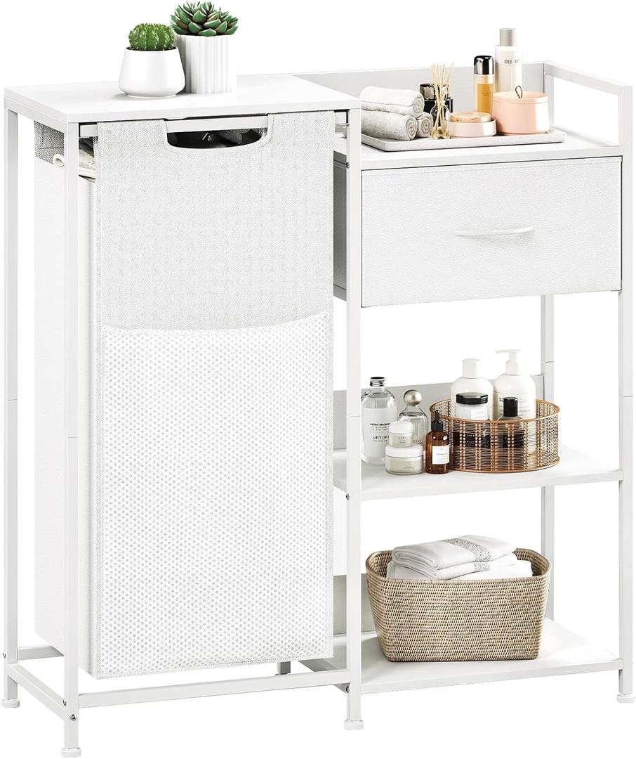 Somdot Laundry Hamper with Fabric Drawer and Shelves, Laundry Basket Sorter with 15.8 Gallons (60L) Pull-Out and Removable Bag, White Leather