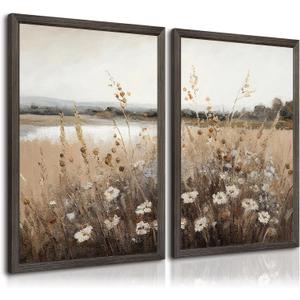 Wildflower Botanical Wall Art Decor Set of 2 Vintage Canvas Wall Decor Landscape Field Wall Art Pictures Farmhouse Prints Landscape Painting Vintage Artwork for Room Bedroom 16x24 Inch Framed