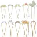 Lawie 10 Pack Cute Flower Butterfly U Shaped Gold Metal Hair Fork Pins Curved Chopsticks for Hair Sticks with Dangles French Hair Pins Bun Holder Decorative Hair Accessories for Women Girls (Gold A)