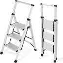 3 Step Ladder Aluminum Lightweight Folding Step Stool, 600lbs Max Load Heavy Duty Step Stool with Safety Handrail, Slim Foldable Kitchen Stool with Anti-Slip Pedal for Home Sliver3 Steps